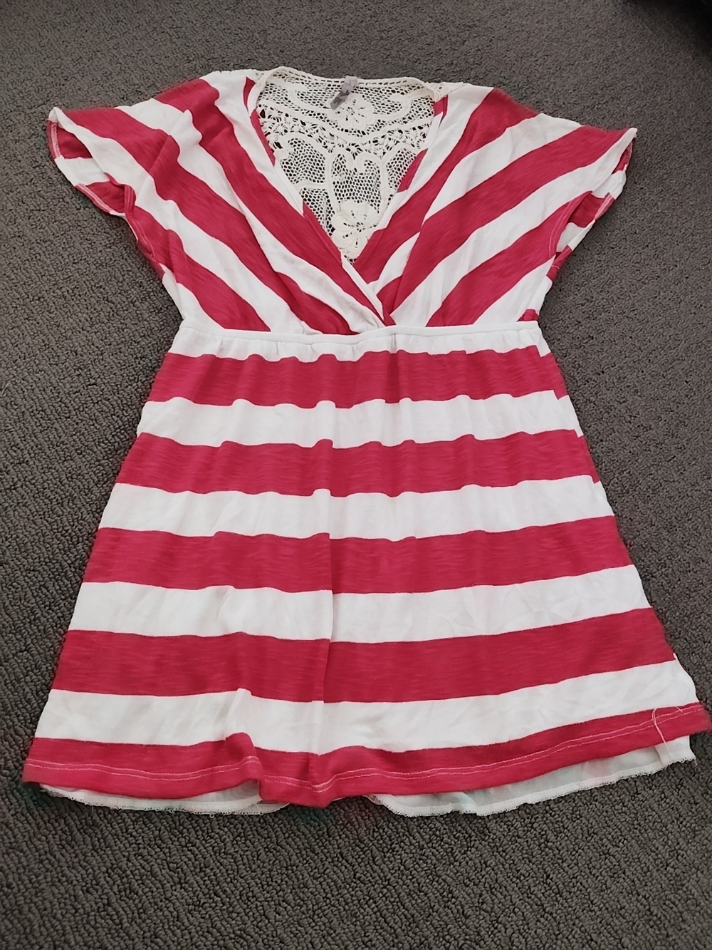 Women Red and White Striped Dress with Lace Yoke